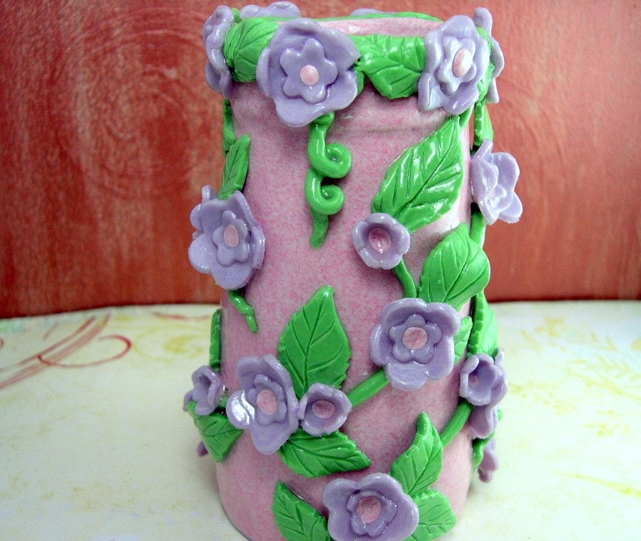 Polymer Clay Vase Miniature Vase Pink Vase Purple Flowers Green Leaves Waterproof  Clay Vase