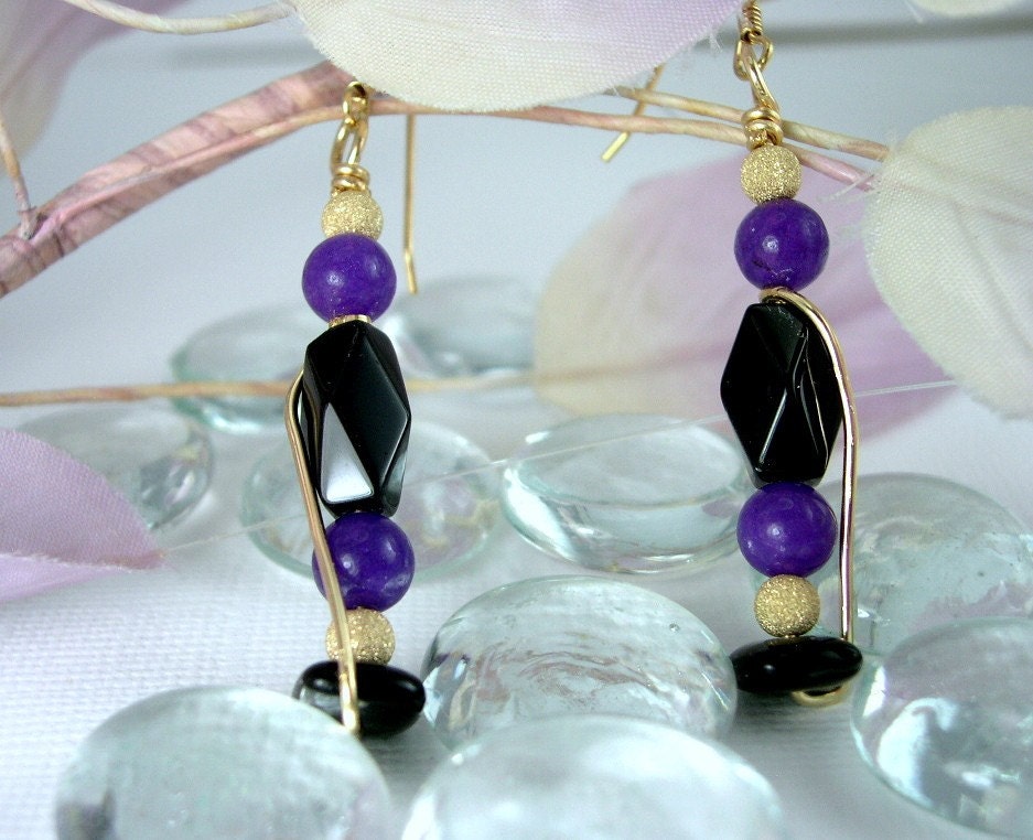 Earrings Gold Filled Purple Jade and Black Glass Beaded Earrings Wire Wrapped Earrings Dangle Earrings