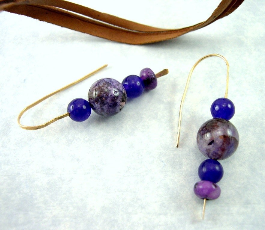 Purple Russian Charoite Earrings, 14 Kt Gold Filled Wire, Hammered Wire, Purple Jade, Custom Made Earwires