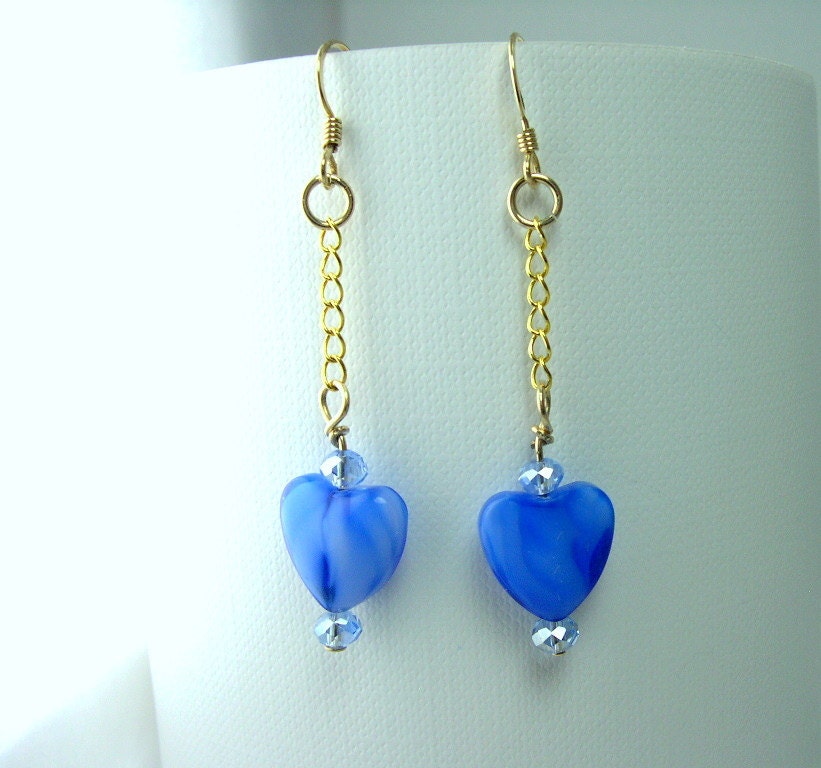 Earrings Gold Filled, Blue Hearts, Gold Filled Chain, Dangle Earrings, Blue Beads, Blue Swarovski Crystals, Handmade, Wire Wrapped