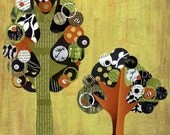 BOGO SALE - Orange, Green and Brown Full Circle Tree - A Moment of Zen - 8x10 Collage Reproduction Wall Art Print
