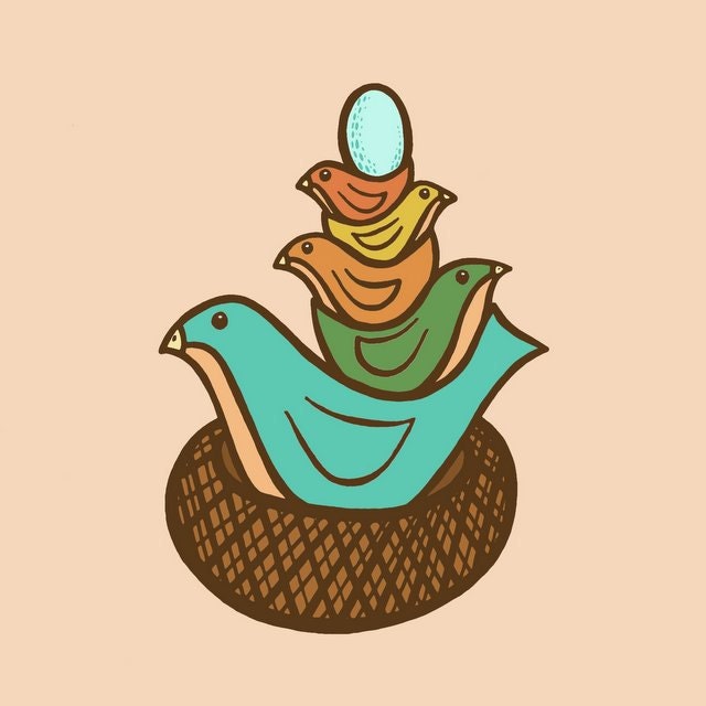 BOGO SALE - Turquoise Bird Balancing her Green, Orange, Yellow and Rust Red Chicks and Blue Egg in a Brown Nest  - 8 x 10 Art Print