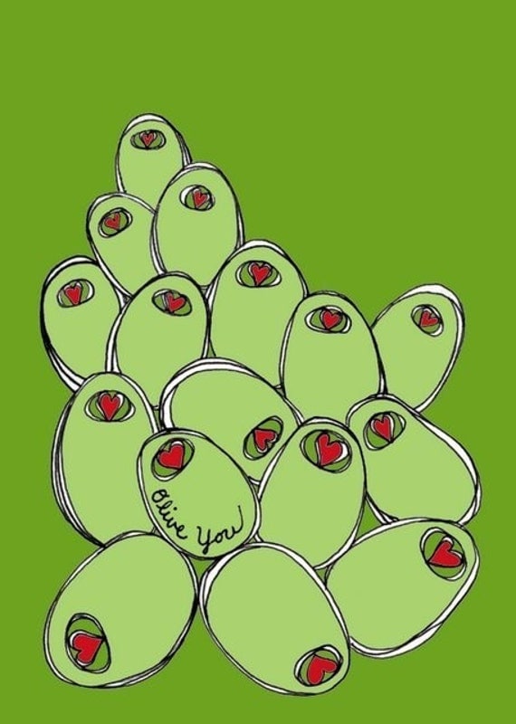 BOGO SALE - Green Olives with Red Heart Pimentos - 5x7 Ilustration Wall Art Print - Olive You