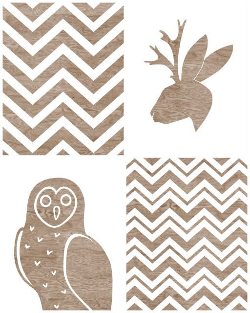 BOGO SALE - Buy 3 get 4th Free - Light Brown Wood Grain Faux Bois Owl and Jackalope Silhouette and White Chevron Art Print Set - Home Decor-