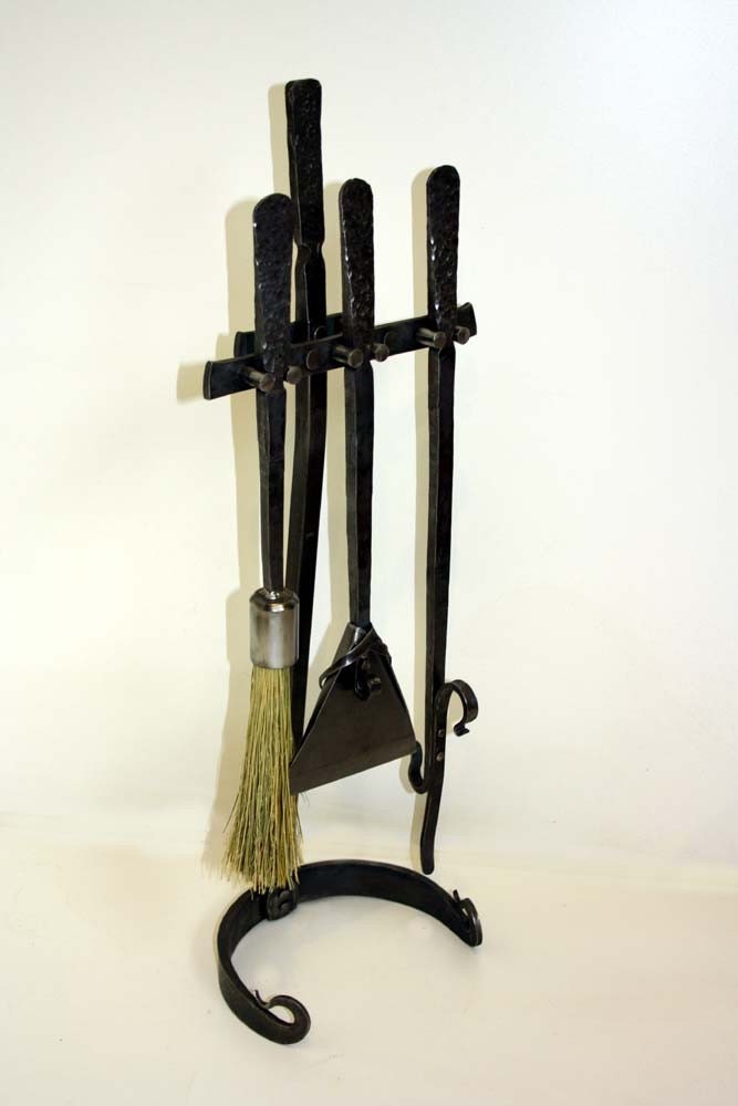 Hand forged wrought iron fireplace tool set