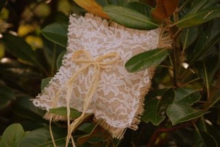 Burlap and Lace Ring Bearer Pillow with Extra Long Raffia Tie