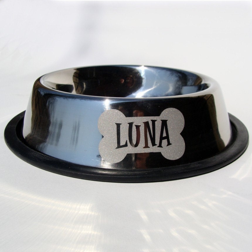 Large - Chrome - Personalized Stainless Steel Dog Bowl - Bone