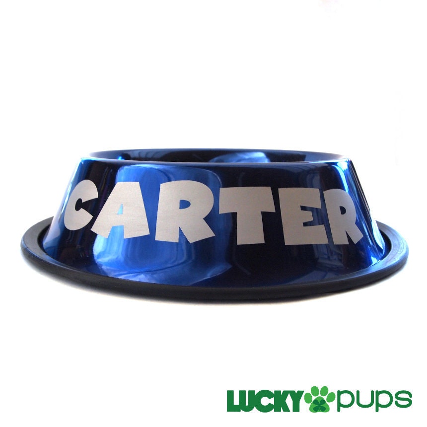 Large - Metallic Blue - Personalized Stainless Steel Dog Bowl - Name