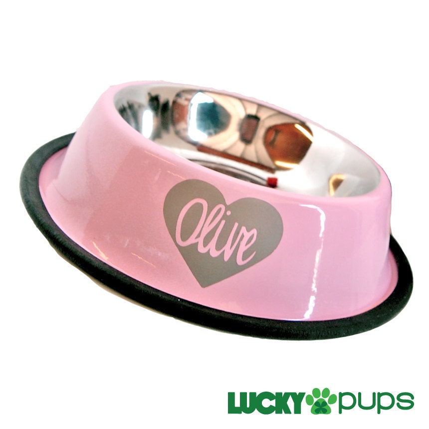 Extra Large - Baby Pink - Personalized Stainless Steel Dog Bowl - Heart