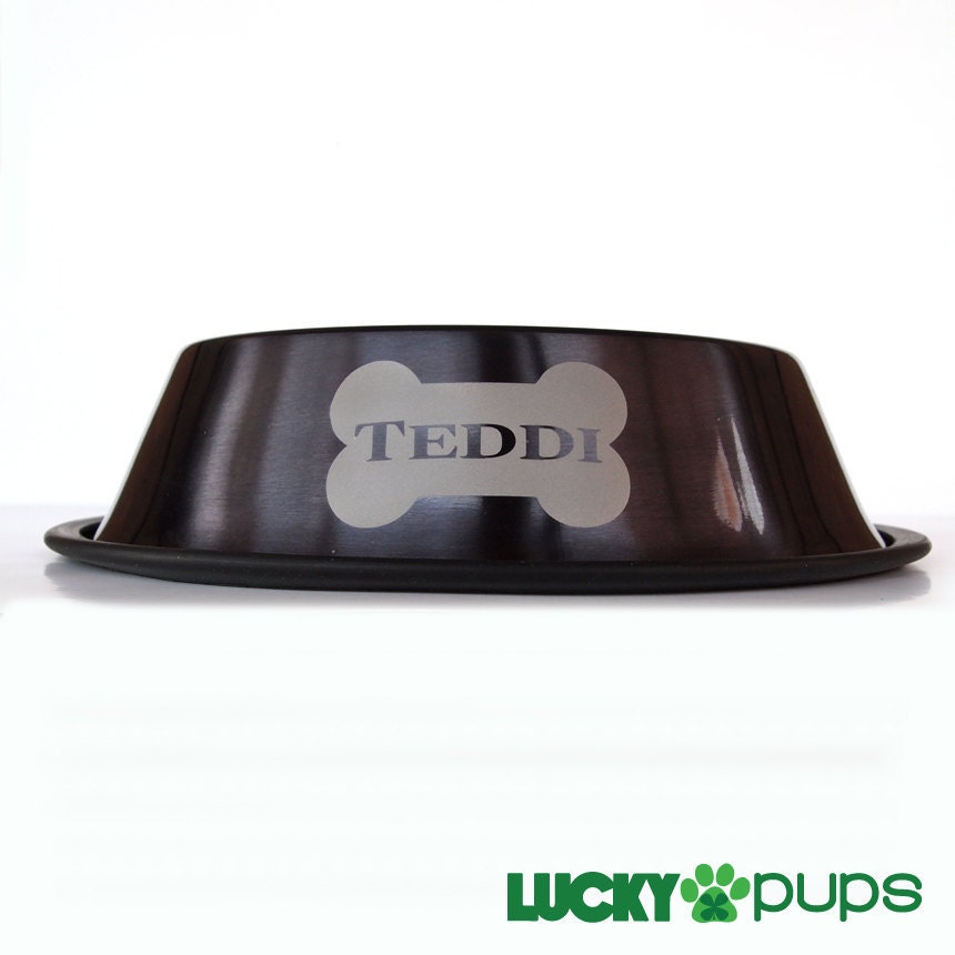 Large - Metallic Charcoal - Personalized Stainless Steel Dog Bowl - Bone
