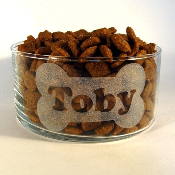 Personalized Etched Glass Dog Bowl with Name in Bone by luckypups