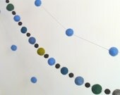 felt ball garland in blues greens - short garland  3 feet long, 29 felt beads in denim, marine, spruce, olive, tweed grey, black