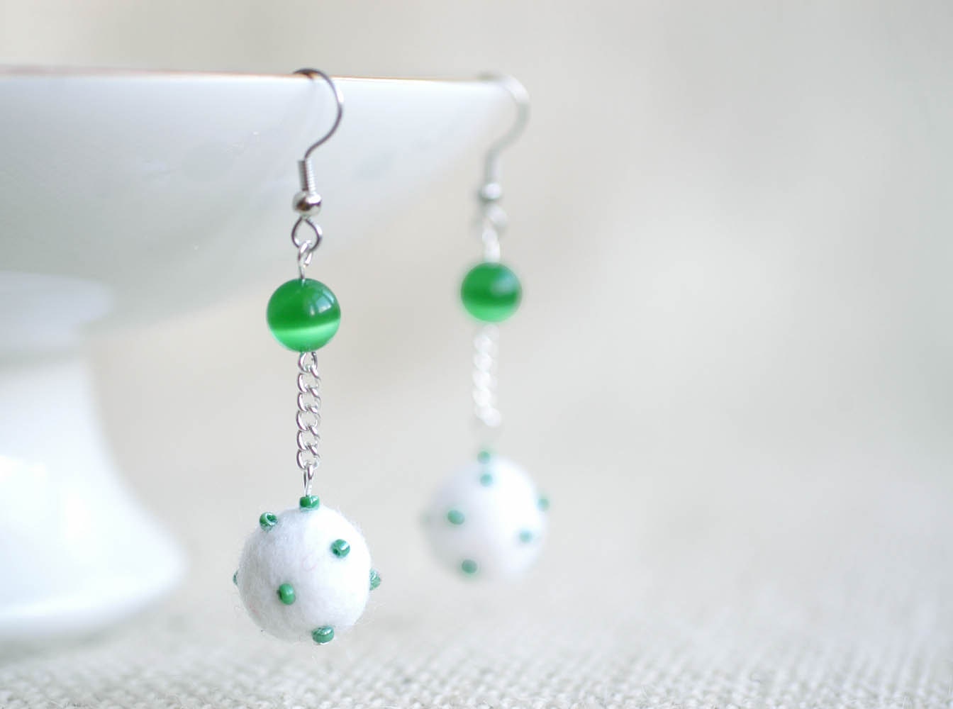 Felted green earrings - czech glass beads - christmas tree family gift for her under 25
