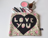 Love you heart illustration screen printed make up bag/clutch - Large