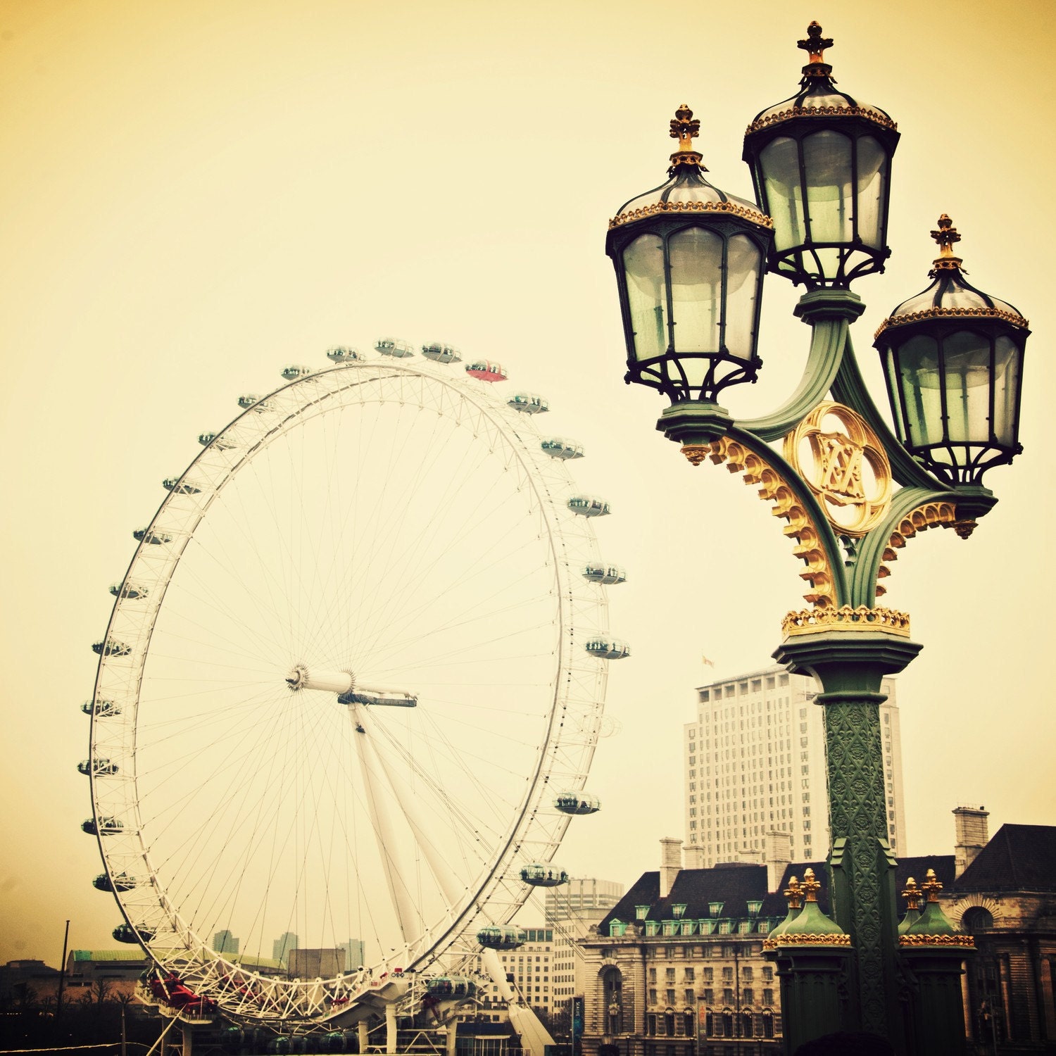 London Travel Photography- Affordable Decor- Perspective- sage and gold toned photograph of the London Eye as seen from Westminster Bridge