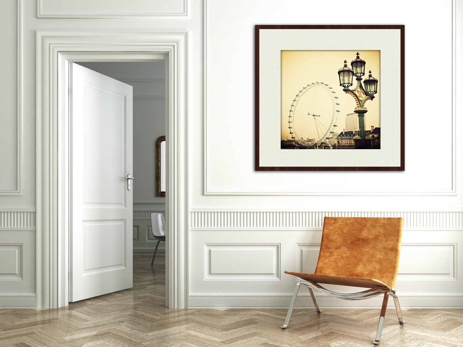 London Travel Photography- Affordable Decor- Perspective- sage and gold toned photograph of the London Eye as seen from Westminster Bridge