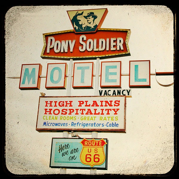Whimsical Route 66 Photography - Retro Motel Sign Decor - The Pony Soldier - vintage motel sign, tomato red, teal blue, Route 66