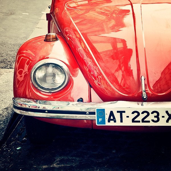 Car Photograph - Vintage Bug - Montmartre Paris Print - Paris decor, tomato red, crimson, Paris Wall Art - Rouge