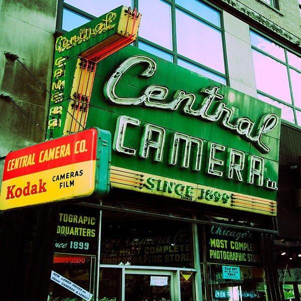 Chicago Photography- Wall Art- Chicago Neon- Home Decor- central camera, vintage neon, office decor, wall decor, 8x8- Central Camera
