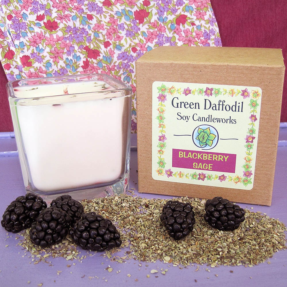 Blackberry Sage Soy Candle - 12 oz. Glass Cube - Green Daffodil - Hand poured