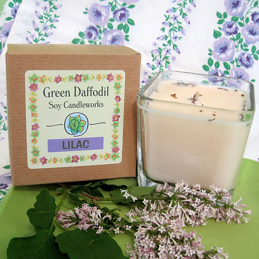 Spring Lilac Soy Candle - 12 oz. Glass Cube - Green Daffodil - Hand poured