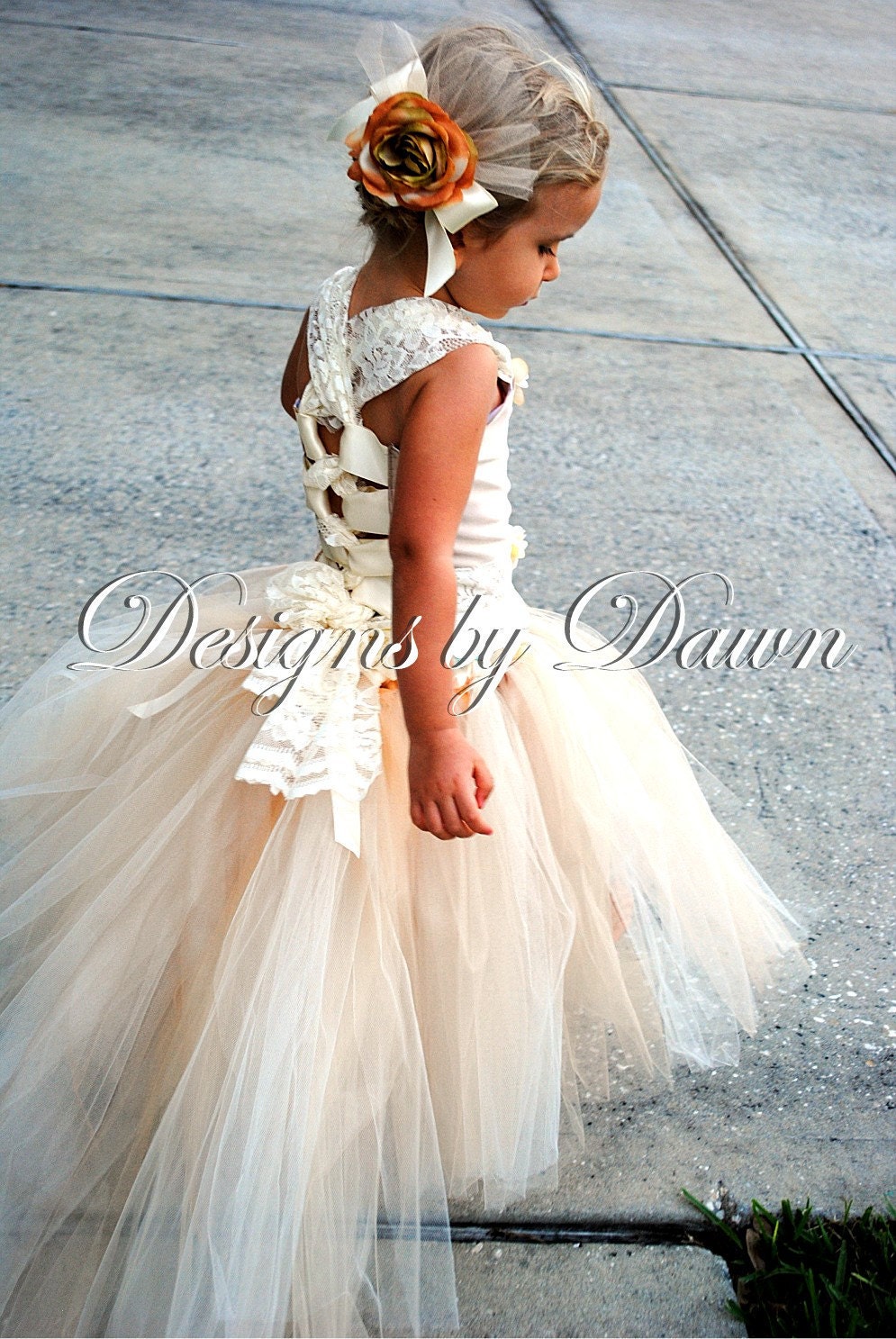 Custom Made Champagne Flowergirl Dress. Corset top, tutu skirt with train and hair clip. Size 12m-5T. Custom sizes and colors available