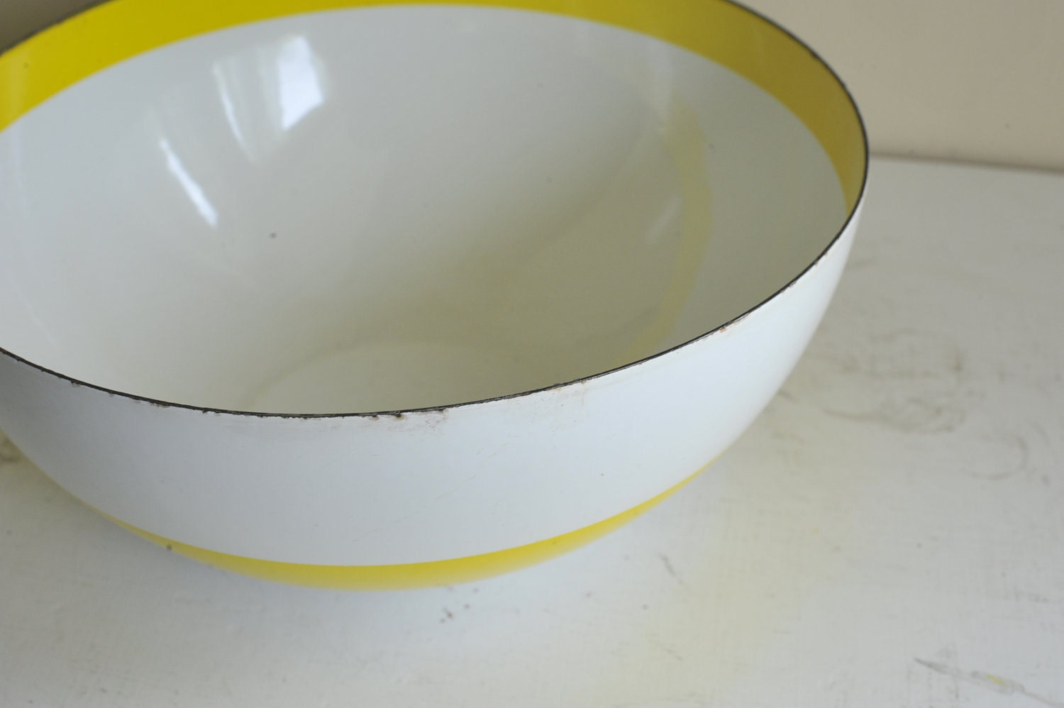 Vintage HUGE Cathrineholm 11" White with Yellow Band Enamel Bowl