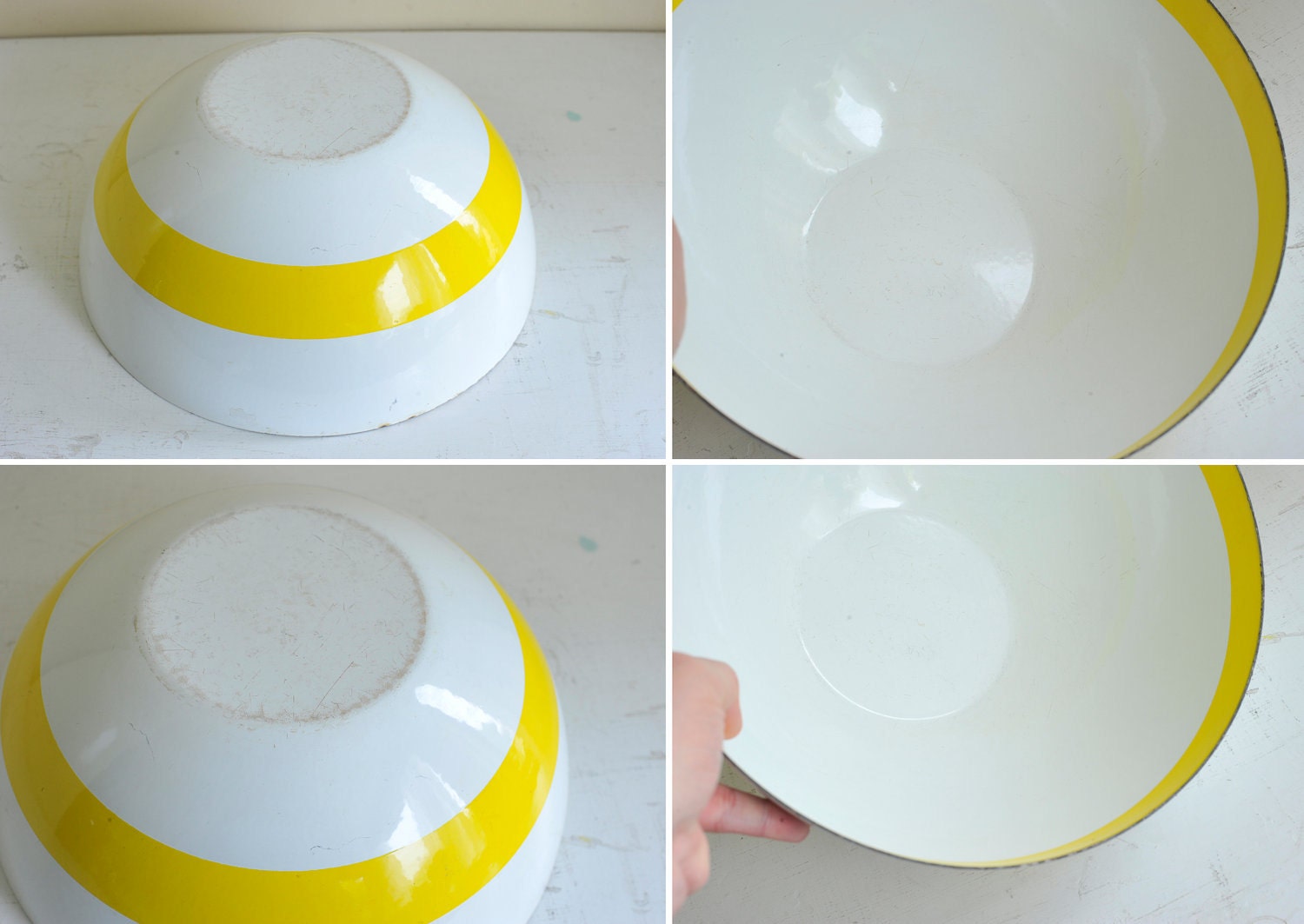 Vintage HUGE Cathrineholm 11" White with Yellow Band Enamel Bowl