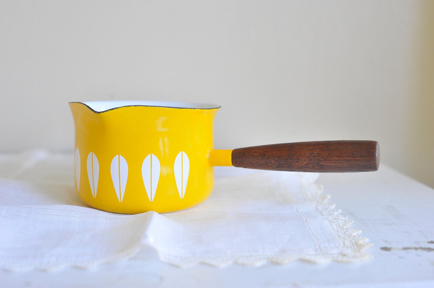 Vintage Yellow and White Lotus Cathrineholm Butter Warmer / Melter / Small Pan / Sauce Pan