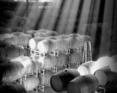 Barrel Room Photograph 20x30 - wine cellar winery sunlight rays country black white gray art home decor