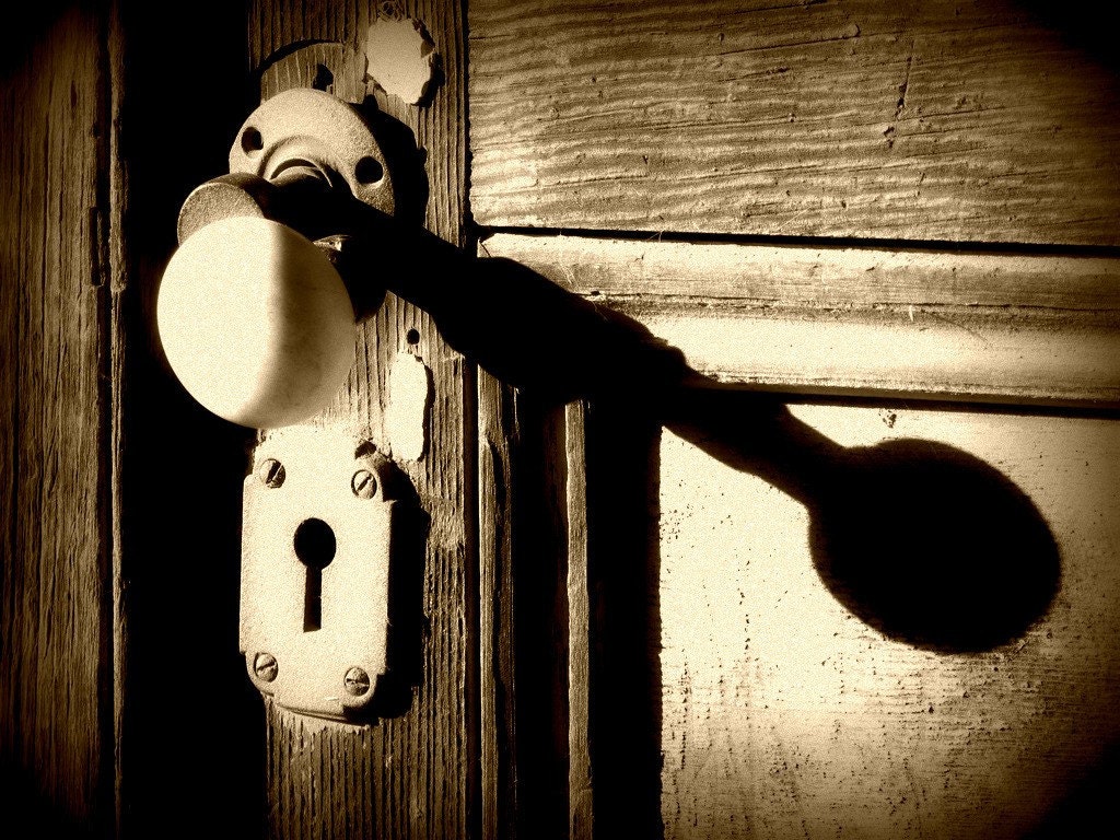 Chew Kee Store Doorknob Photograph - antique door keyhole shadow sepia brown black white - kristaglavich