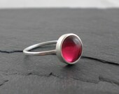 Honeysuckle Pink Ring. Silver Ring. Hammered Band. Pink, Simple, glass