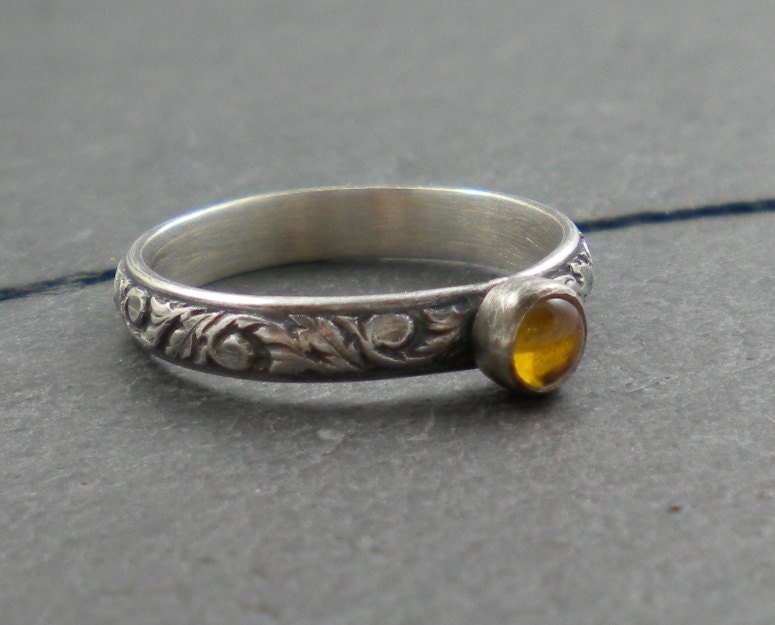 Citrine Ring. Silver Leaves Band. Rustic, Patterned, Botanical, Yellow