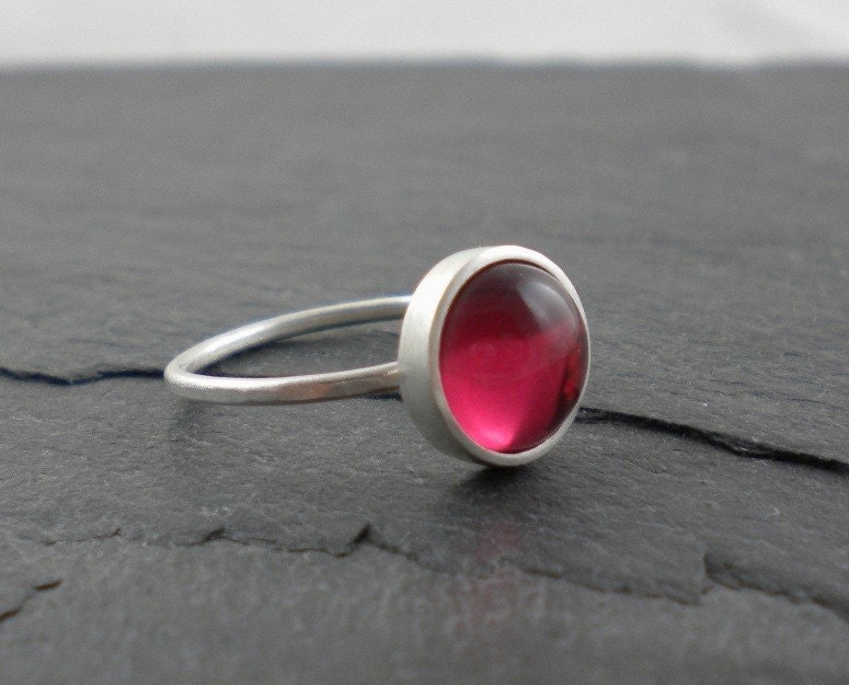 Honeysuckle Pink Ring. Silver Ring. Hammered Band. Pink, Simple, glass