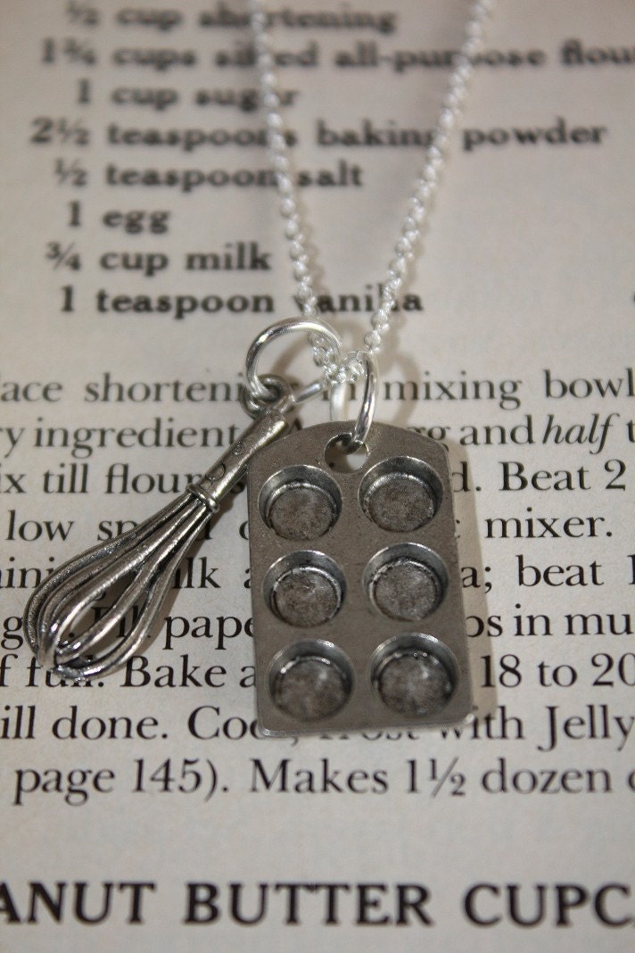 Baking Pan and WHISK Necklace on a Sterling Silver Plated Chain