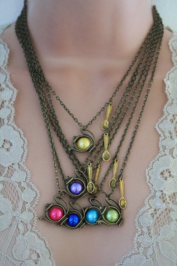 Birthday Teapot Necklace with Golden Spoon - Birthstone Pearl