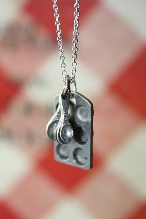 Cupcake Pan and Tiny Measuring Spoons on a Sterling Silver Plated Chain necklace