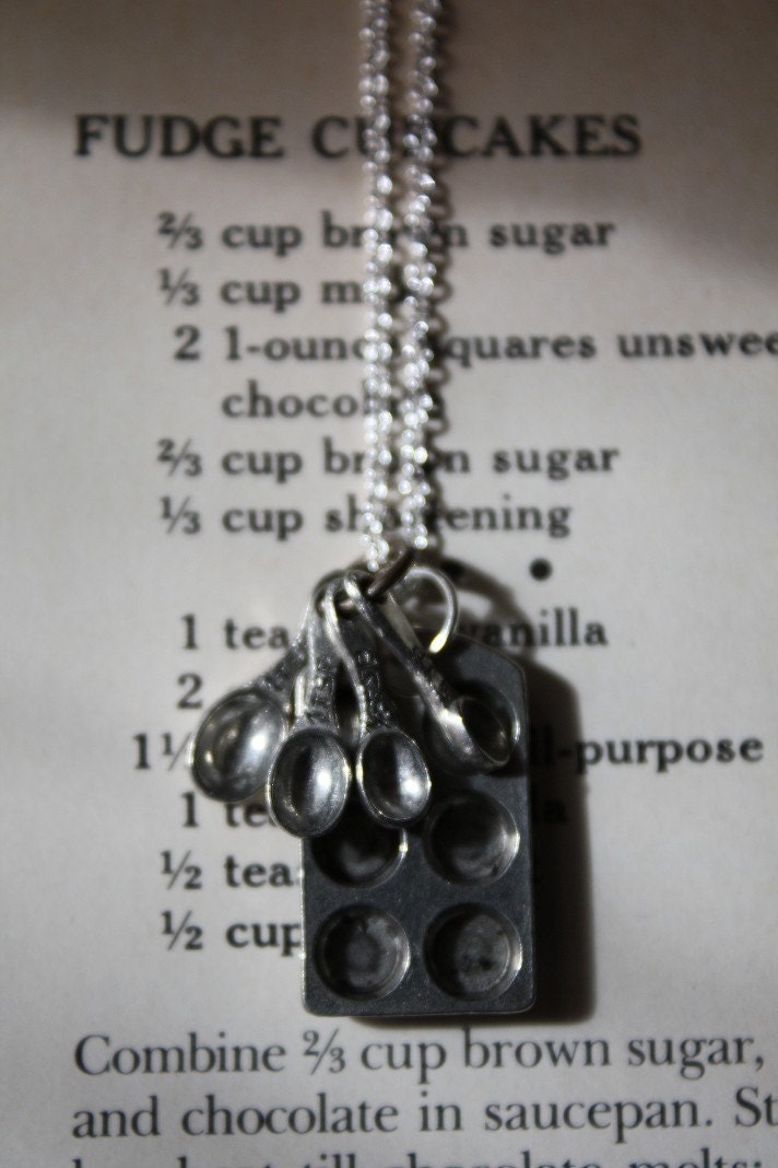 Bakers Love Cupcake Muffin Pan and Tiny Measuring Spoons on a Sterling Silver Chain