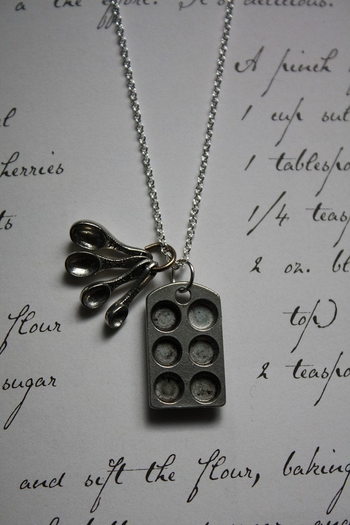 Baking Love Cupcake Muffin Pan and Tiny Measuring Spoons on a Sterling Silver Plated Chain