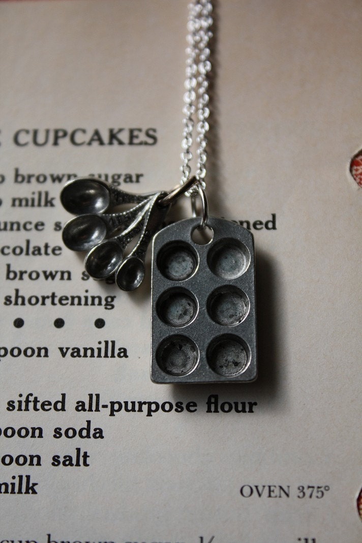Black Friday 15% Off Sale Cupcake Pan and Tiny Measuring Spoons on a Sterling Silver Plated Chain necklace