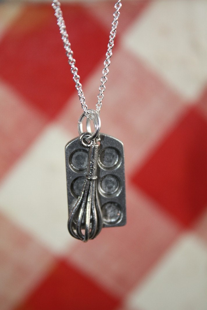 Cupcake Baking Pan and Whisk on a Sterling Silver Plated Chain