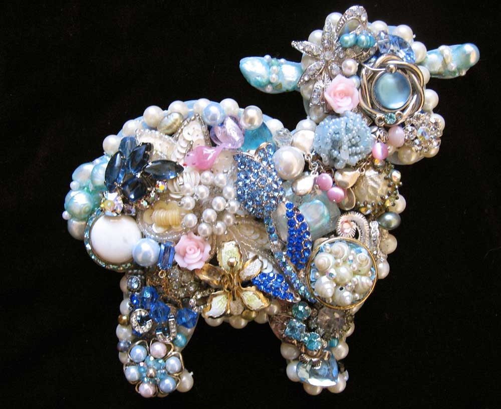 Vintage Jewelry Collage Sculpture Baby Blue Lamb Decorative Art