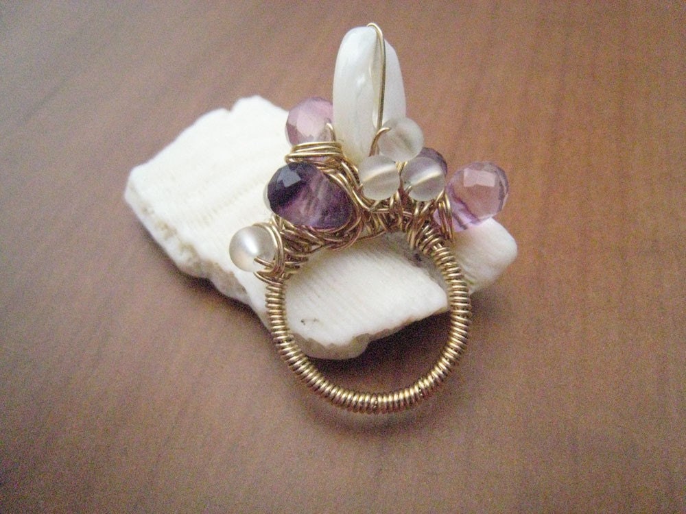 ANGUILLA RING - Amethyst, Mother of Pearl, Clear Crystal, and 14K Gold Filled Wire Wrapped Ring