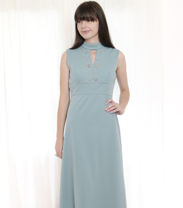 1960s Maxi Dress - Vintage Beaded Formal Dress in Sea Glass Green - M / L