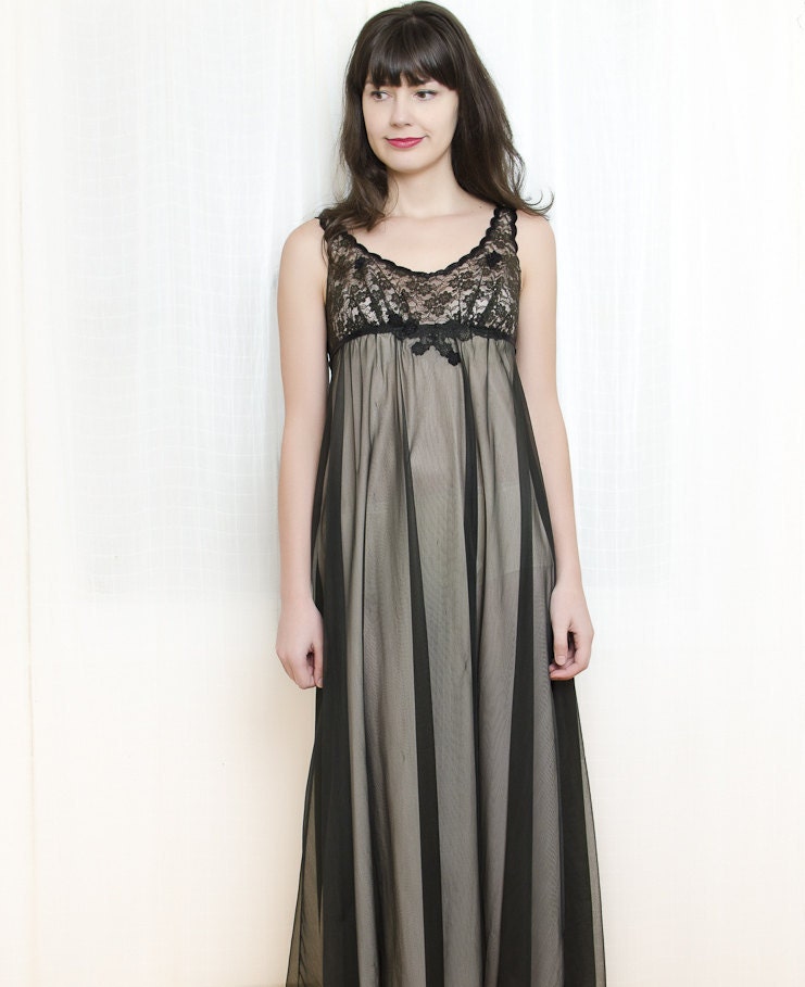 Vintage 1960s Chiffon Nighty - Long Black Night Gown with Lace - XS