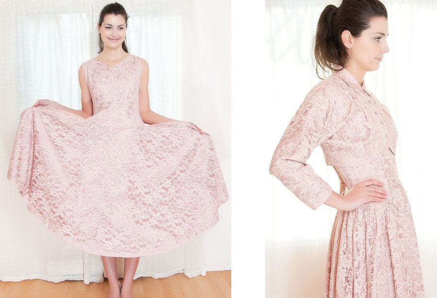 Vintage 1950s Dress - 50s Dress - Pink Lace Party Dress and Jacket Set - M