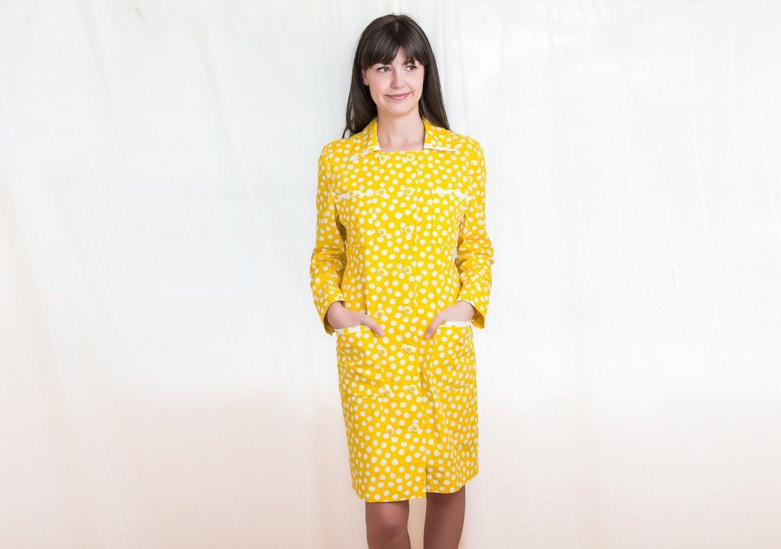 Yellow Polka Dot Dress - Vintage Cotton Dress - M