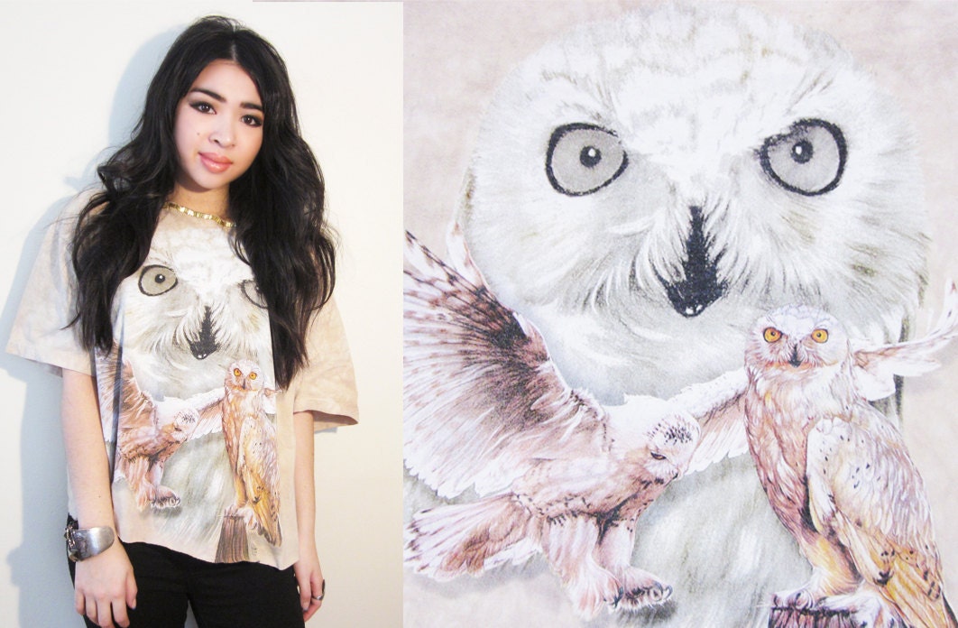 SALE Vintage BEADED STUDDED Owl Graphic Loose Fit Tee 90s