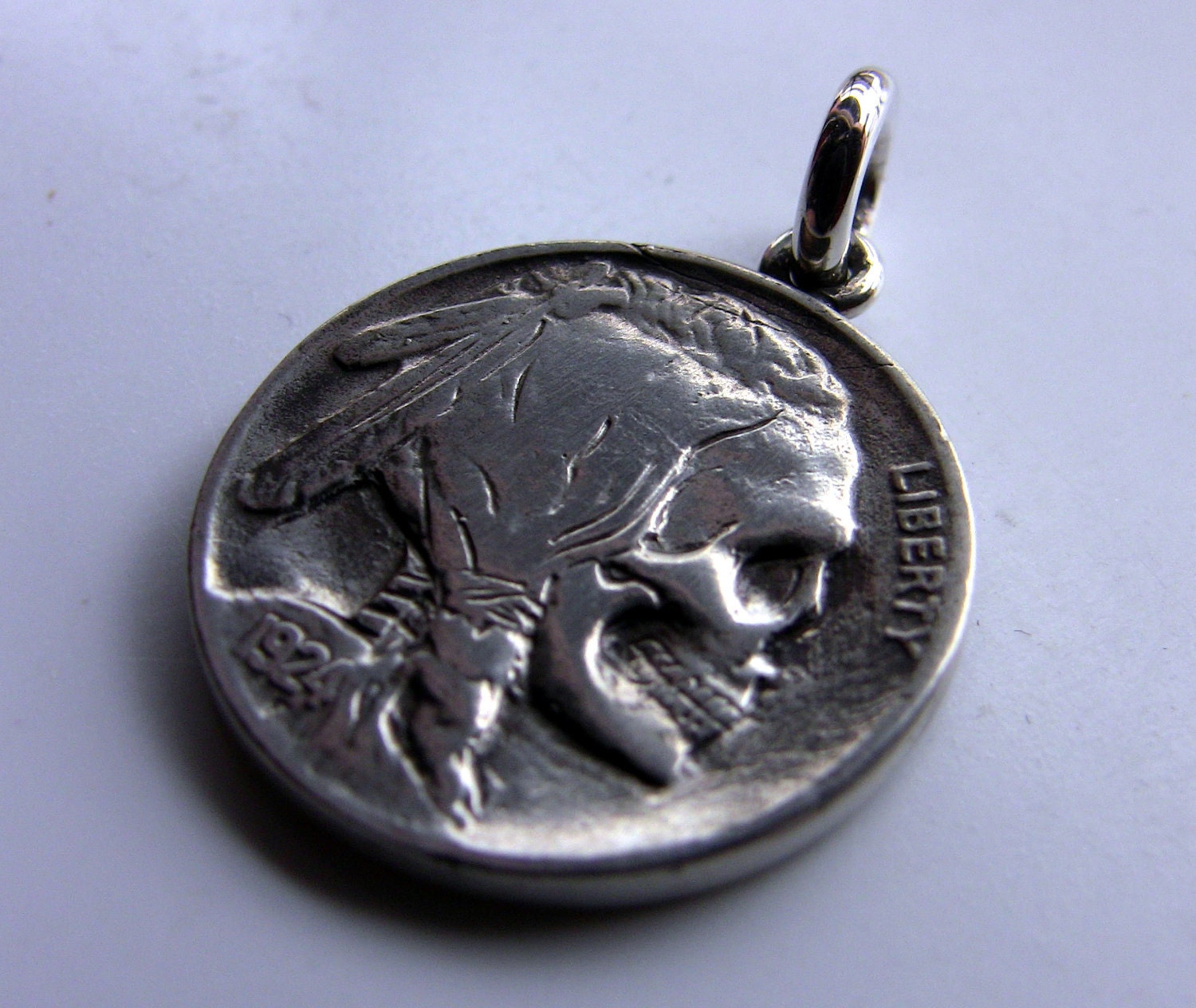 Sterling Silver Skeleton Skull Hobo Nickel Style Necklace Pendant