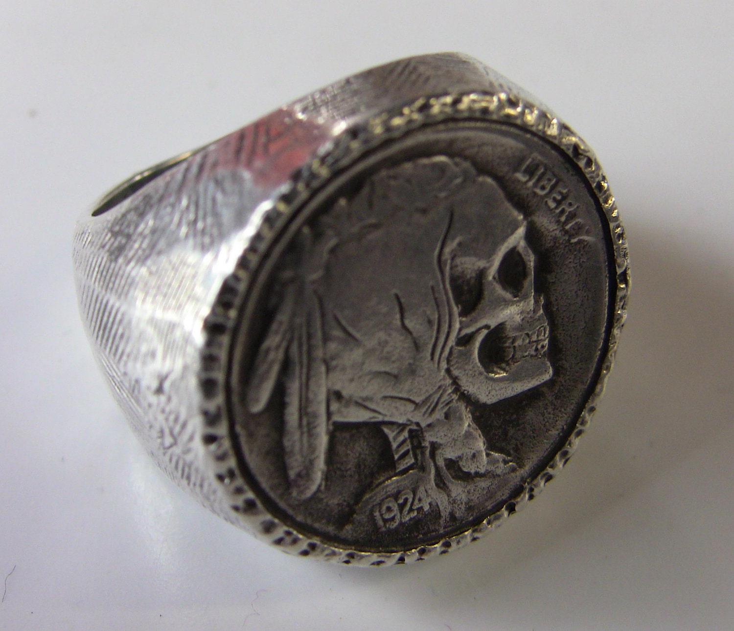 Sterling Silver Skeleton Skull Hobo Nickel Mens Style Ring